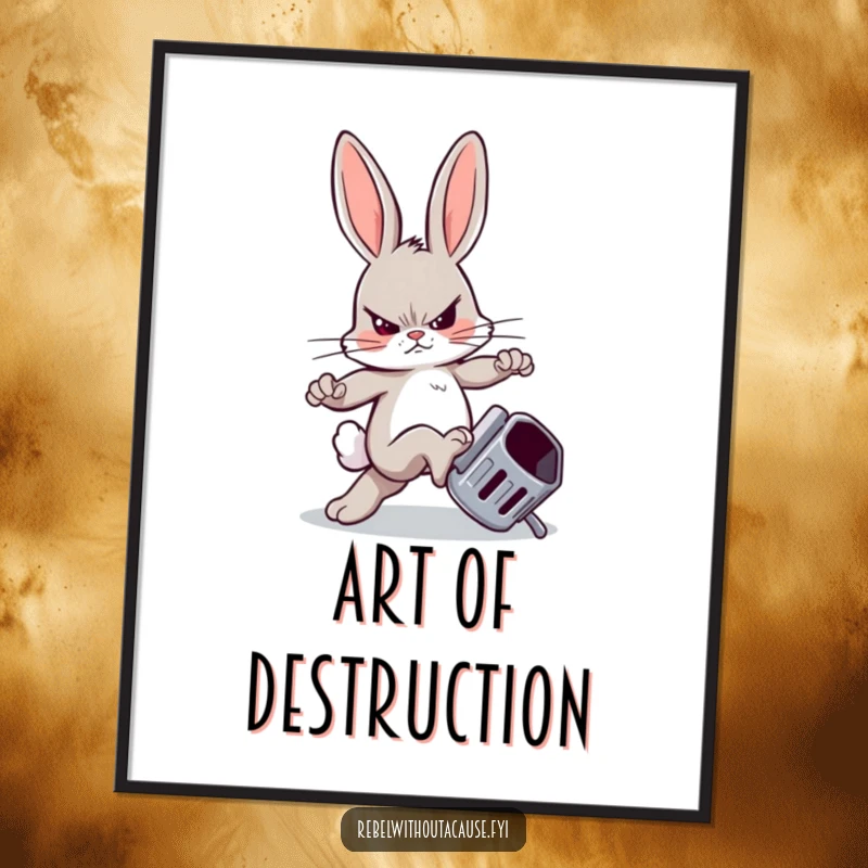 Funny digital art print of a sneering bunny kicking a trash can, perfect for instant wall decor with rebellious humor.