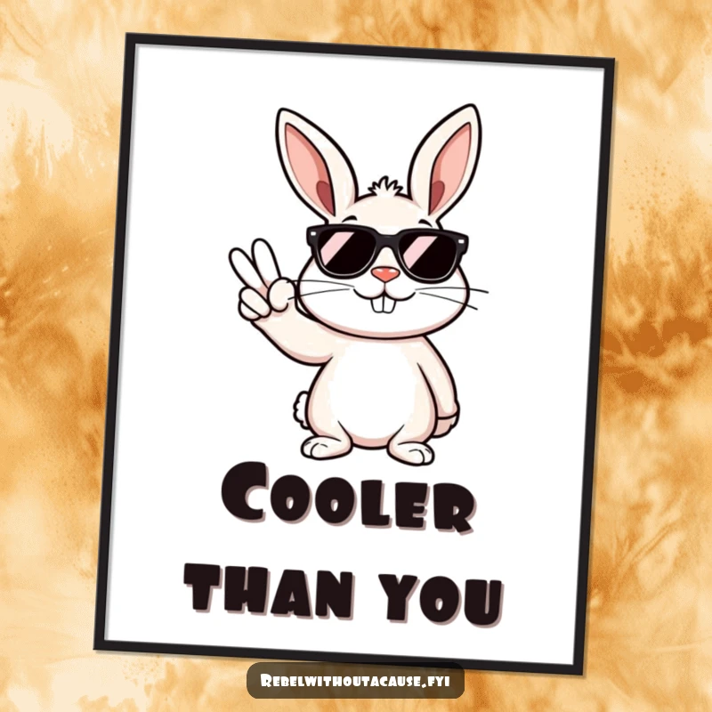 Funny digital art print of a rebellious bunny wearing dark sunglasses, smirking and giving a peace sign.