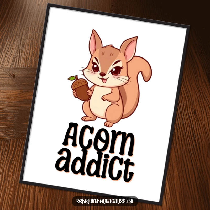 Funny squirrel digital art print of a spunky squirrel determinedly holding an acorn, perfect for adding instant focused energy to any decor.