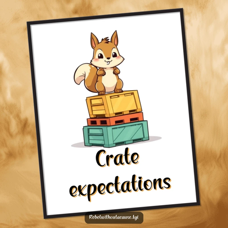 Funny Squirrel Victory Digital Art Print: A fearless squirrel character stands proudly on a stack of overturned crates, ready for display.