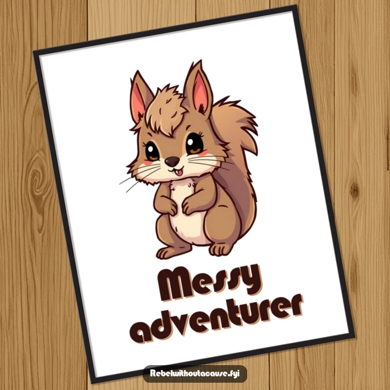 Funny digital art print of a wild squirrel with messy fur, ready for adventure, adding instant wilderness charm and humor to walls, a great funny gift.