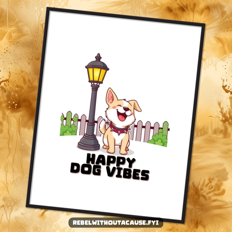 Funny Dog Digital Art Print of a cheerful dog playfully barking at a lamppost, a humorous and heartwarming decor piece.