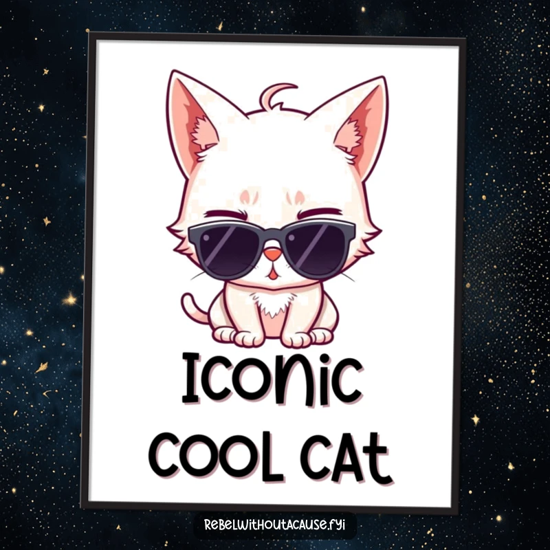 Funny digital art print of a sassy cat wearing sunglasses and giving a wink, perfect for instant download and cool, feline decor.