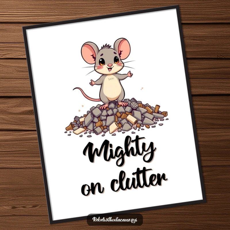 Funny brave mouse digital art print of a small mouse standing tall on scattered debris, ready to inspire with humor.