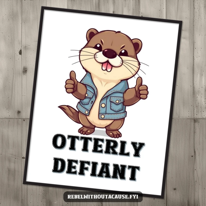 Funny digital art print of a defiant otter wearing a ripped denim jacket and giving a thumbs-down, perfect for instant download and rebel decor.
