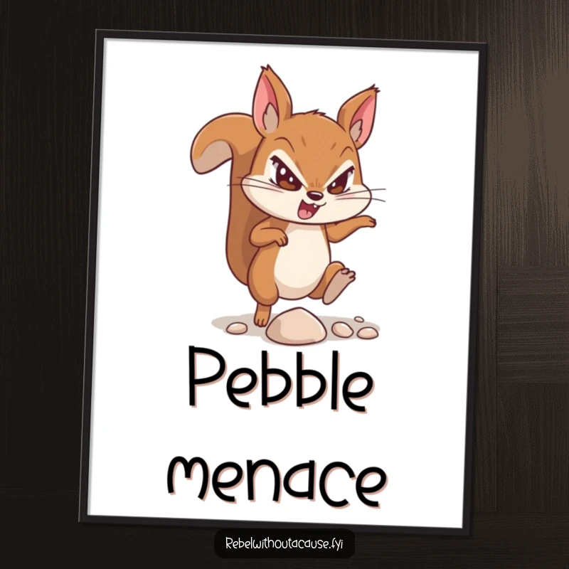 Funny digital art of a defiant squirrel character, focused and determined, kicking a small pebble.