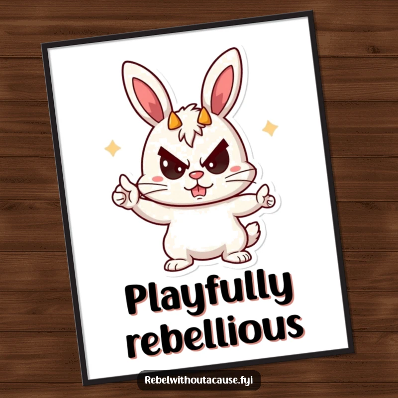 Funny Rebellious Bunny Digital Art Print of a playful bunny character giving devil horns with a mischievous sneer, embodying fun rebellion.