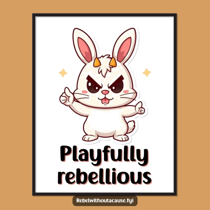 Funny Rebellious Bunny Digital Art - Devil Horns Character, Mischief Print