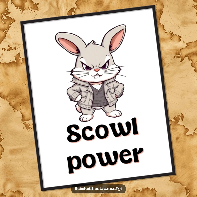 Funny digital art print of a scowling, defiant bunny wearing a ripped jacket, exuding playful rebellion and unique character.