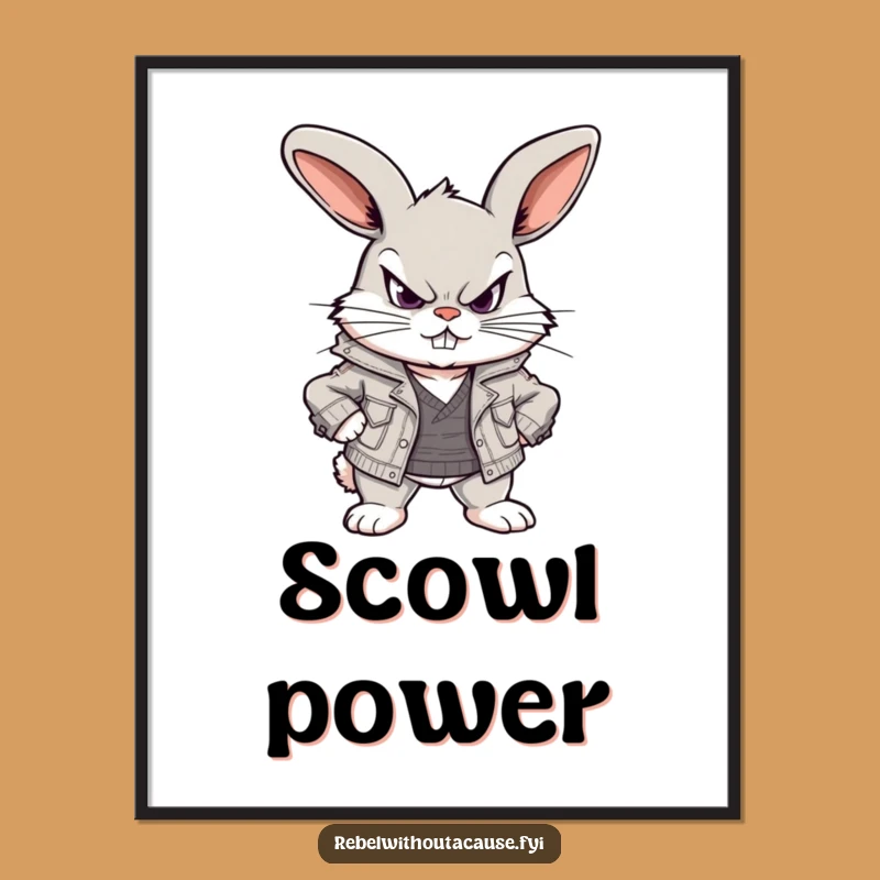 Funny Defiant Bunny Digital Print: Scowling Art, Ripped Jacket, Instant Gift