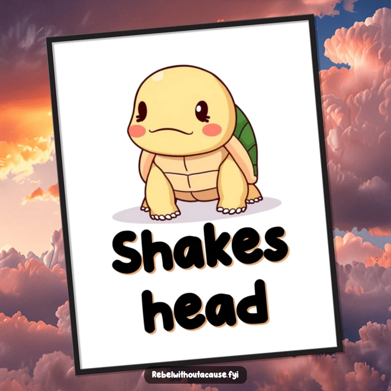 Funny Turtle Digital Art Print: A kawaii turtle shakes its head slowly in disapproval, ready to be printed and displayed for amusement.