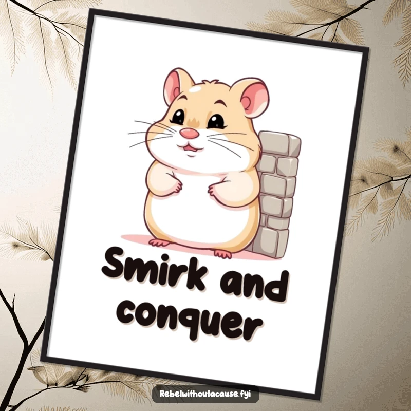 Funny digital art print of a confident hamster smirking and leaning against a miniature wall, for humorous digital decor.