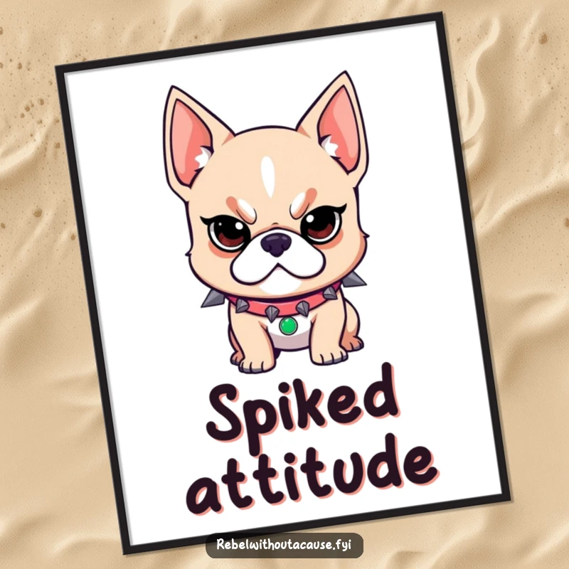 Funny digital art print of a rebellious dog wearing a spiked collar and a determined look, exuding loyalty and strength.