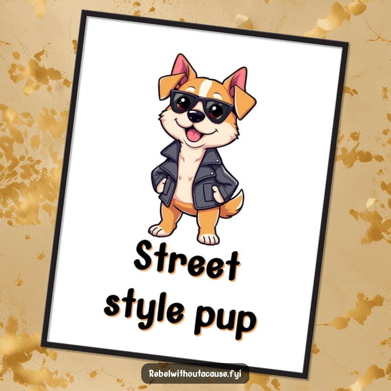 Funny Sassy Dog Digital Art Print of a strutting dog in a leather jacket, exuding confidence and cool, ready for download.