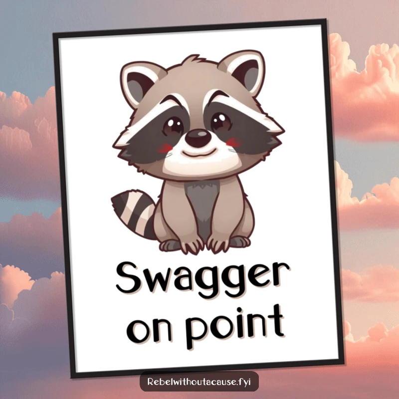 Funny raccoon swagger digital art print of a spunky raccoon confidently looking forward, ready to be printed and add attitude.