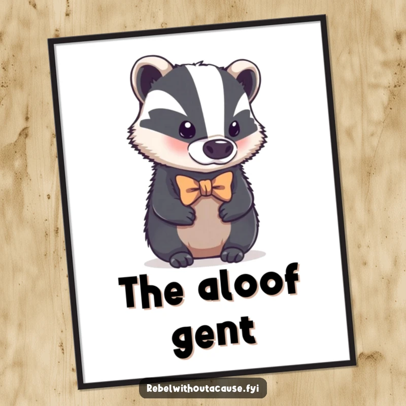 Funny digital art print of a bold badger with a tiny, crooked bowtie, looking aloof, adding instant sophisticated humor to walls, a great funny gift.