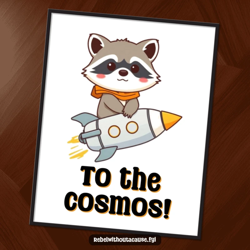 Funny raccoon character launching on a rocket, determined gaze, digital art print for humorous wall decor.