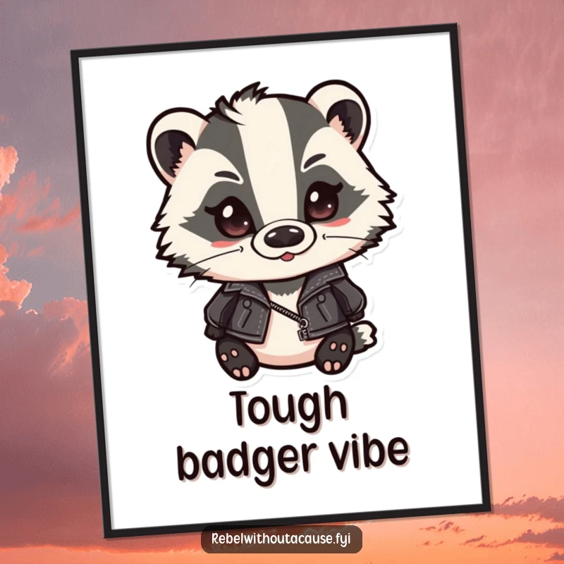 Funny badger digital art print of a cute badger in a leather jacket and slicked-back hair, smirking confidently. A stylish and humorous piece.