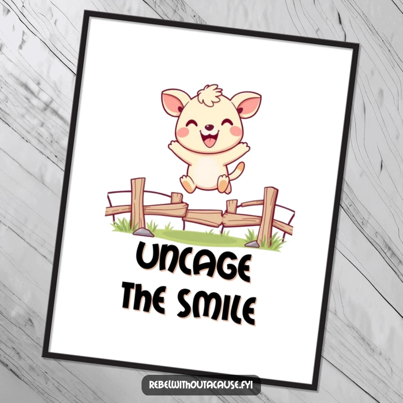 Funny digital art print of a cheerful animal character joyfully jumping over a broken fence, radiating happiness and optimism.