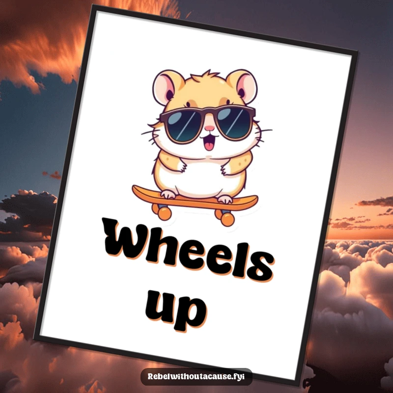 Funny Hamster Digital Art Print: A kawaii hamster wearing sunglasses zooms on a tiny skateboard, ready to be printed and displayed.