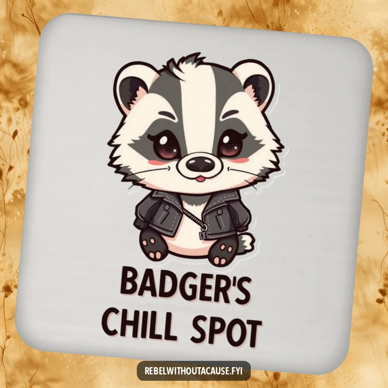 Funny badger coaster featuring a cute badger in a leather jacket and slicked-back hair, smirking. Protects surfaces with a cool, humorous vibe.