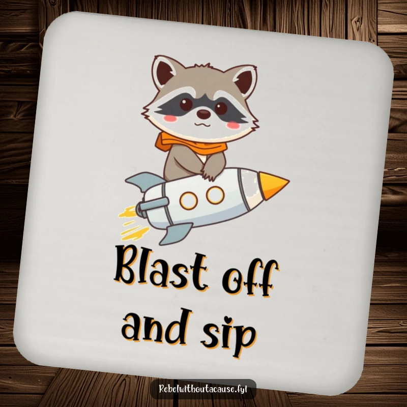 Funny raccoon character on a rocket coaster, determined and humorous, protecting surfaces.