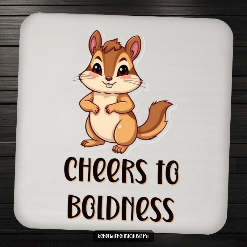 Funny bold chipmunk with a confident pose, paw on hip, on a drink coaster.