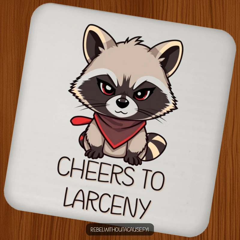 Funny raccoon drink coaster featuring a mischievous raccoon with a sly wink and bandana, protecting your table with attitude, a quirky funny gift.