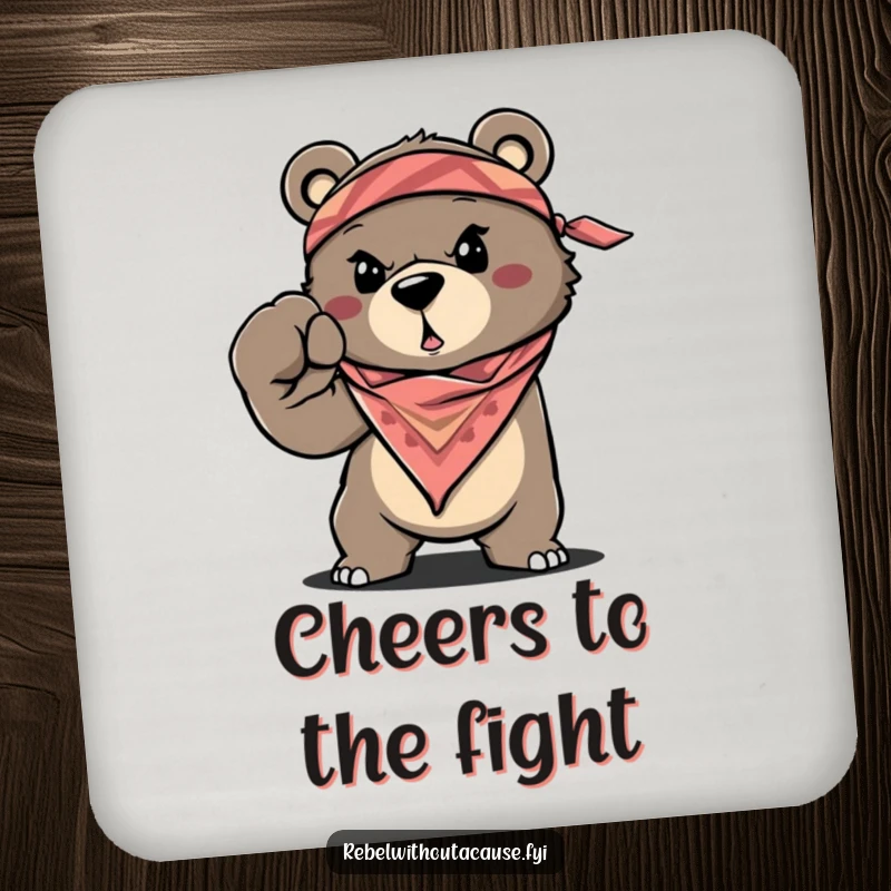 Funny Bear Coasters set, showing a determined, bandana-wearing bear throwing a fist, cute funny gift.