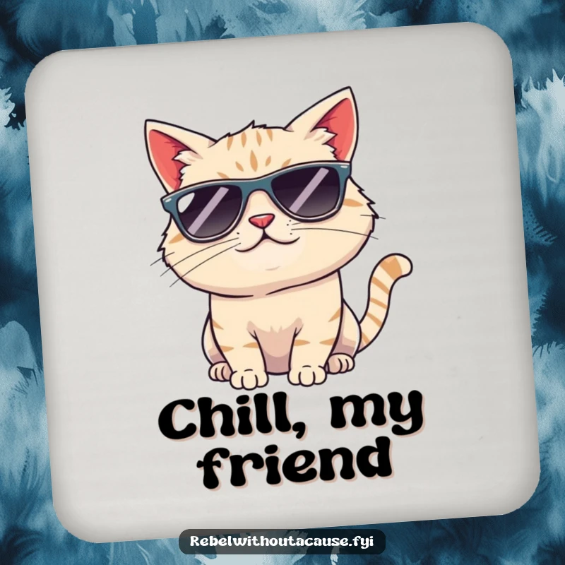 Funny cool cat sunglasses coasters featuring a smirking cat tipping its head, adding a touch of humor and style to any table.