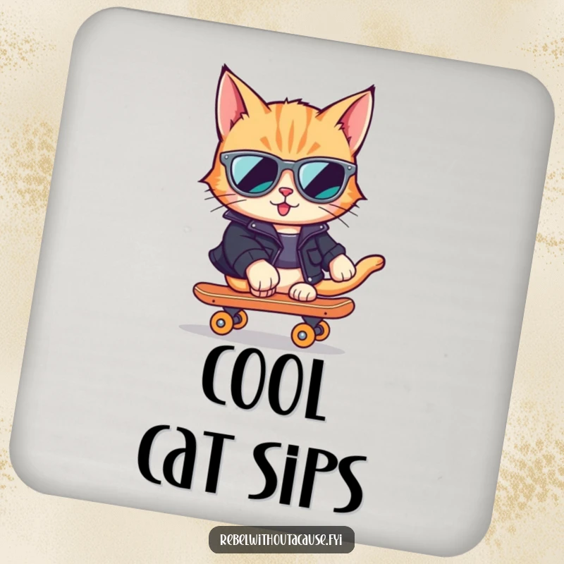 Funny Cat Skater Coaster featuring a cool cat on a skateboard, protecting surfaces with street-smart humor.