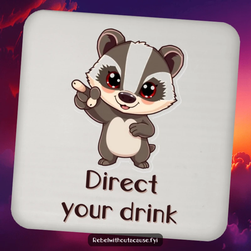 Funny bold badger drink coaster showcasing a confident badger pointing forward, adding a humorous touch to drink protection.