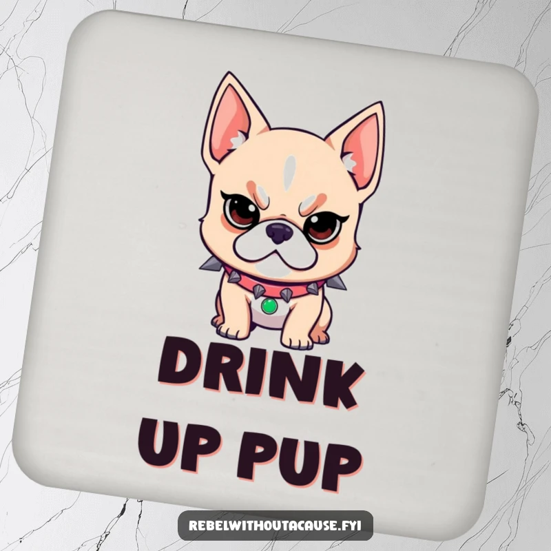 Funny drink coaster featuring a rebellious dog with a spiked collar and a determined look, protecting surfaces with loyalty.