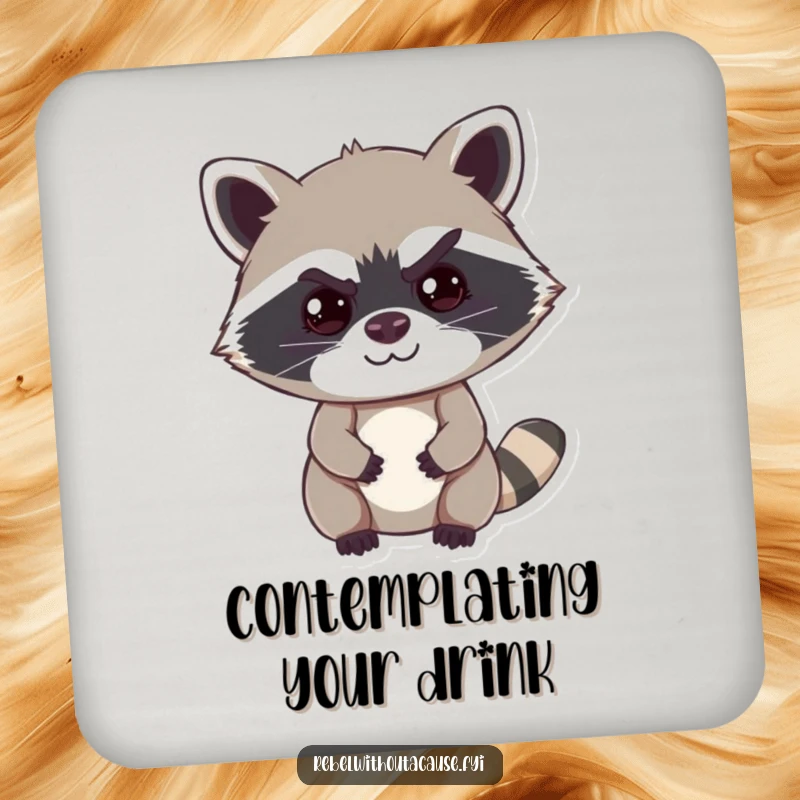 Funny raccoon drink coaster showcasing a cheeky raccoon with a mischievous smirk and a raised eyebrow, protecting furniture with humor.