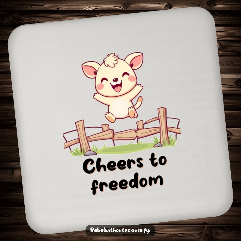 Funny drink coaster with a cheerful animal character joyfully jumping over a broken fence, adding a happy and protective touch.
