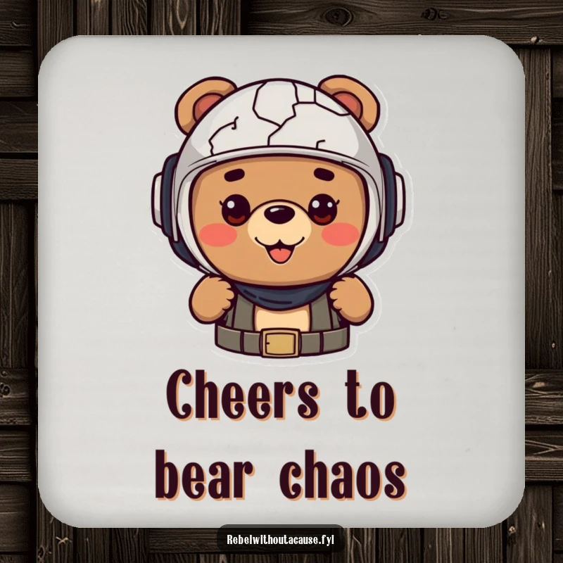 Funny drink coaster with a cheerful bear character wearing a cracked helmet, protecting surfaces with humor and readiness.
