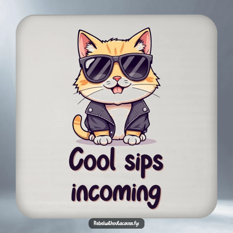 Funny coaster featuring a cool cat in sunglasses and a leather jacket, giving a mischievous grin, for drink protection.