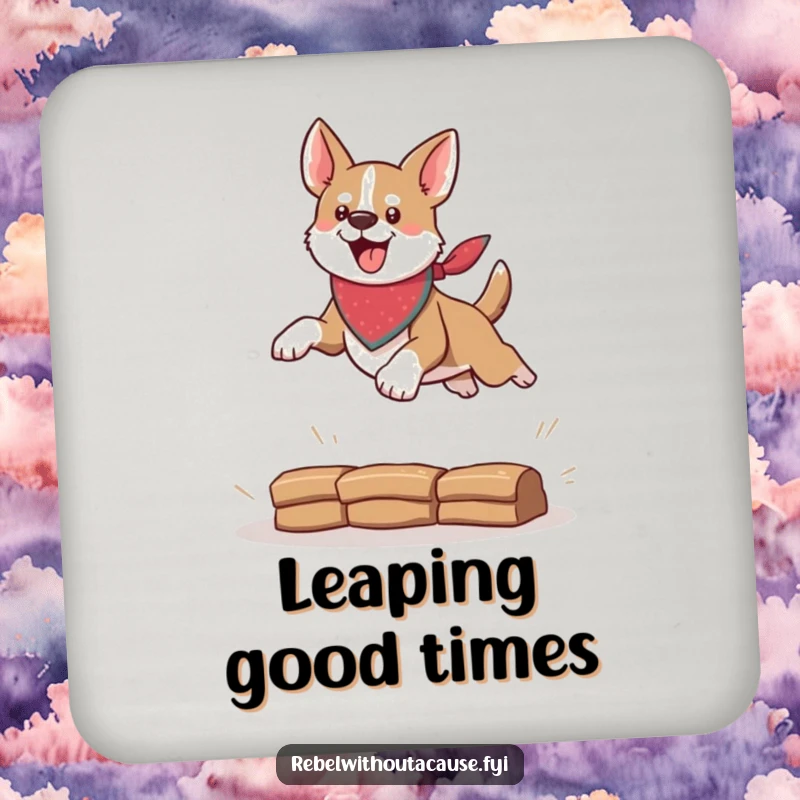 Funny drink coasters with a bandana-clad dog leaping, offering surface protection with a daring and humorous style, a unique funny gift.