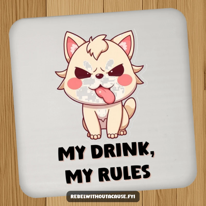 Funny drink coaster with a spirited animal character defiantly sticking its tongue out, protecting surfaces with sassy, humorous flair.