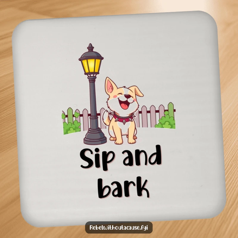Funny Dog Coaster featuring a cheerful dog playfully barking at a lamppost, protecting surfaces with pet-themed humor.