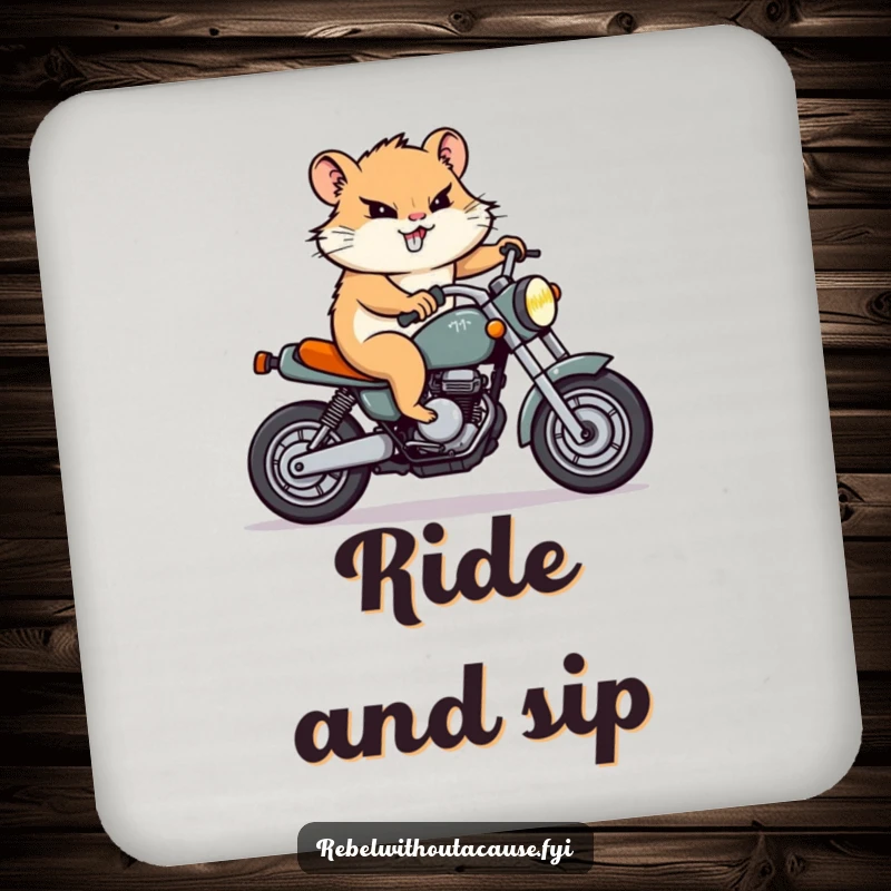 Funny Hamster Motorcycle Coasters: A determined hamster character rides a tiny motorcycle with a grin, humorously protecting your tables.