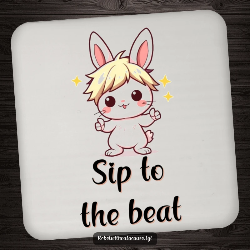 Funny Kawaii Bunny Coaster with a punk bunny sporting a wild hairstyle, striking a 'rock on' pose, bringing edgy flair to surfaces.