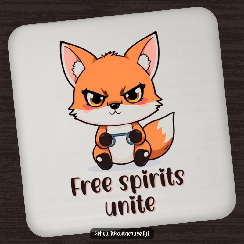 Funny Kawaii Fox Coaster with a defiant fox glaring, holding a broken chain link, bringing empowering flair to surfaces.