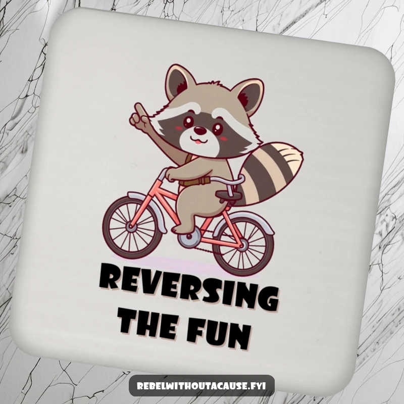 Funny kawaii raccoon giving a cheeky salute, riding a tiny bicycle backwards on a drink coaster.