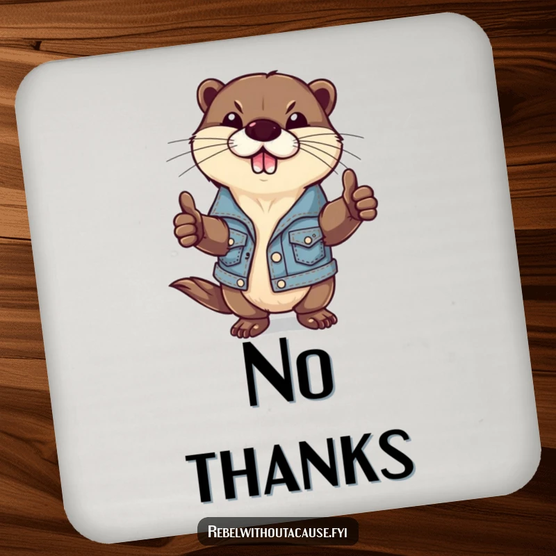 Funny drink coaster showcasing a defiant otter in a ripped denim jacket giving a thumbs-down, protecting surfaces with rebellious humor.