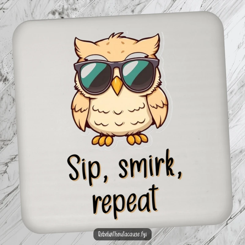 Funny cool owl wearing sunglasses, smirking unimpressed on a drink coaster, protecting surfaces.