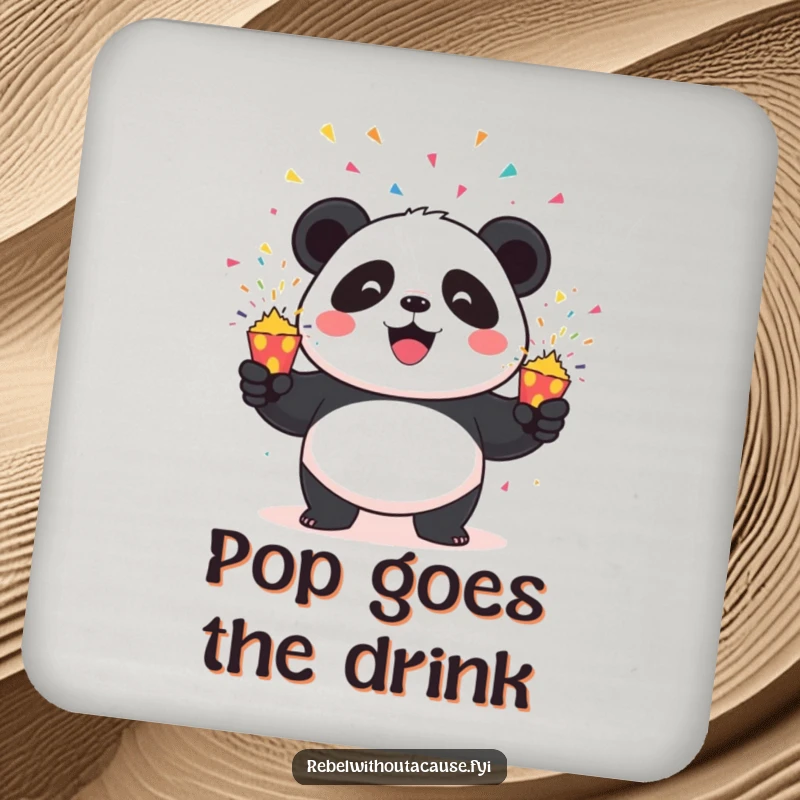 Funny Panda Coaster: Mischievous panda character skillfully juggling three exploding confetti poppers, adding a playful element to table settings.