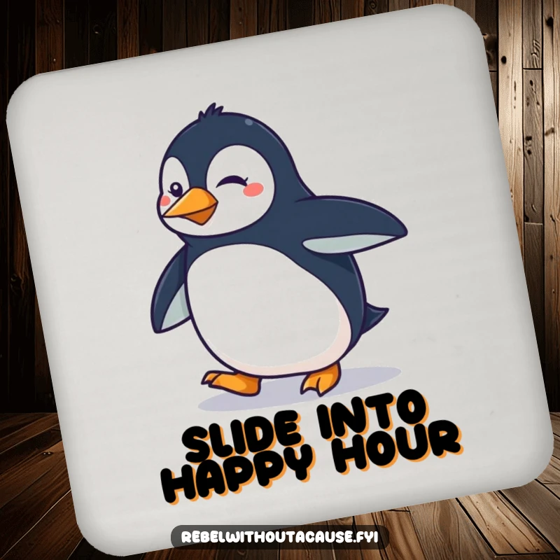 Funny determined penguin doing a smooth, sassy strut on a drink coaster, functional and stylish.