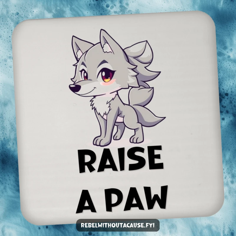 Funny drink coaster featuring a spirited wolf character in a confident stance, tail held high.