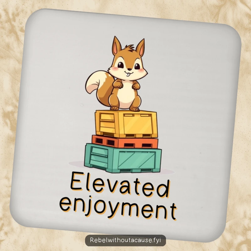 Funny Squirrel Victory Coasters: A fearless squirrel character stands proudly on overturned crates, humorously protecting your surfaces.